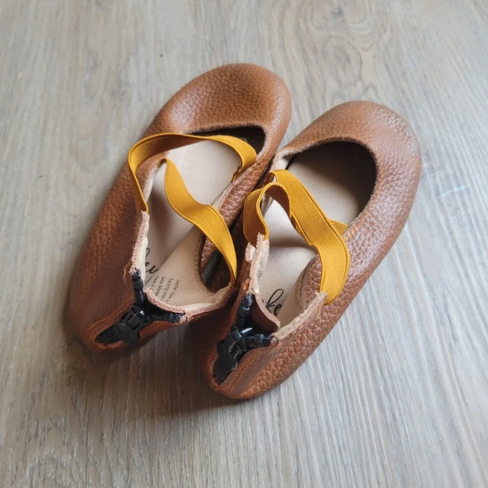 Monkey Feet Girls Ballet Flats 5-6Y Tan Leather Mustard Elastic Boho Mary Jane